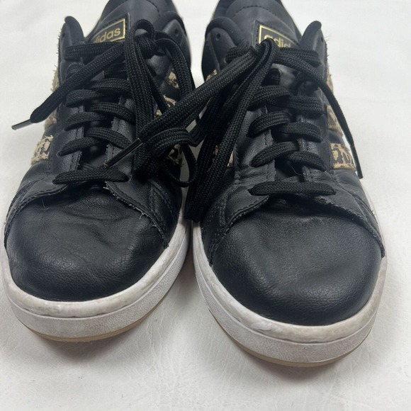 Adidas Shoes Womens 9 Black Leather Cheetah Three Stripe Sneakers Cloudfoam - Picture 4 of 11